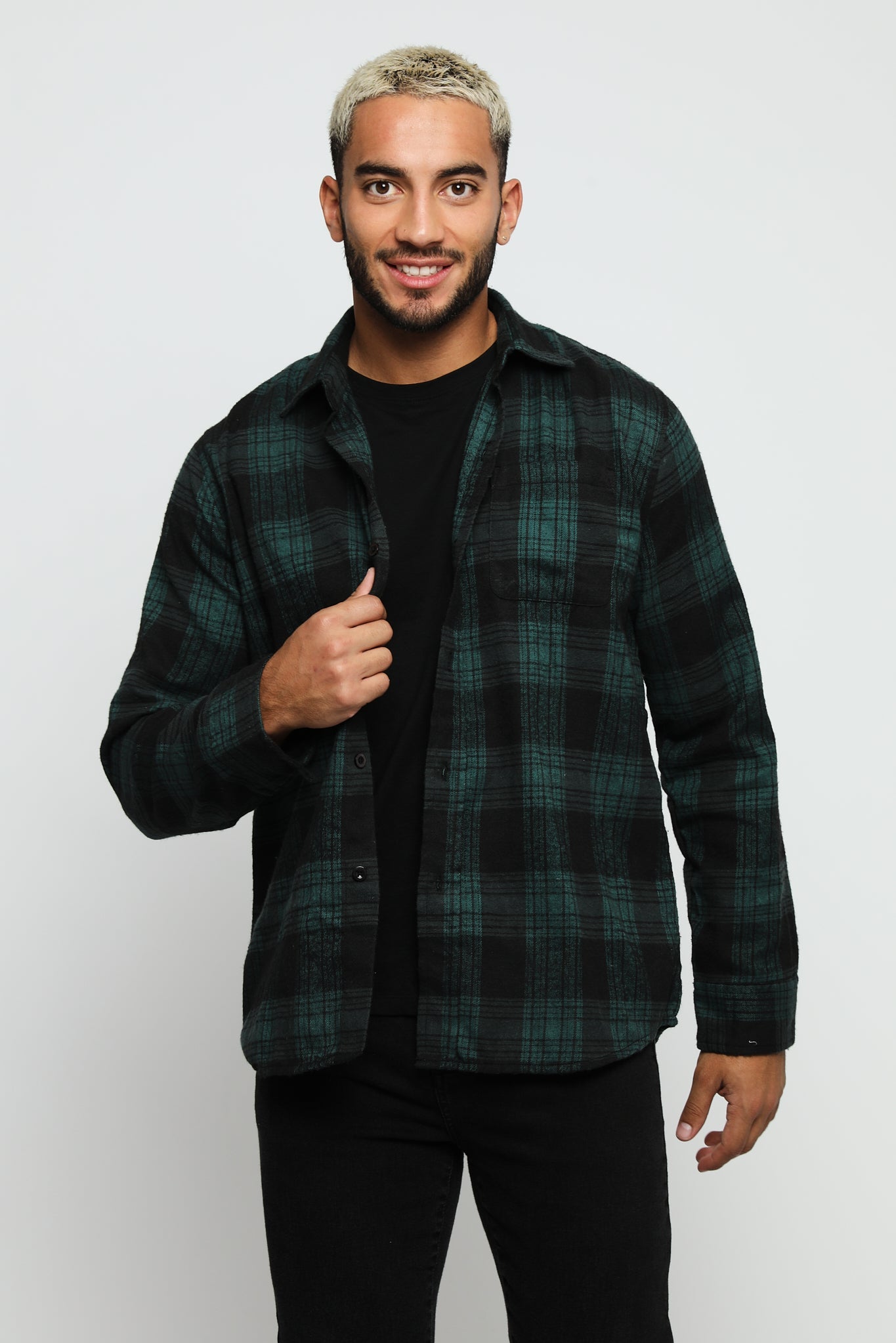 PLAID FLANNEL CHECK SHIRT - DARK GREEN AND BLACK - JMOJO - Men's Check Shirts