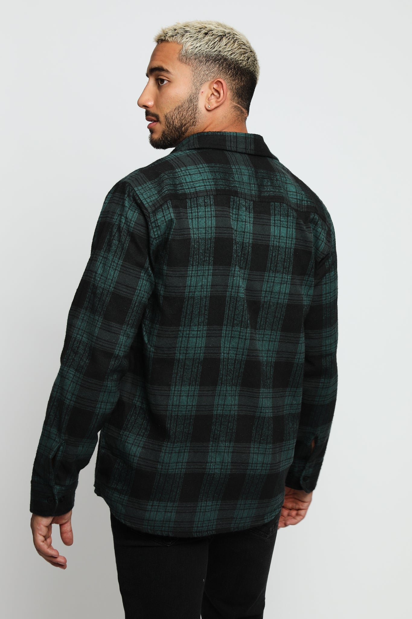 PLAID FLANNEL CHECK SHIRT - DARK GREEN AND BLACK - JMOJO - Men's Check Shirts