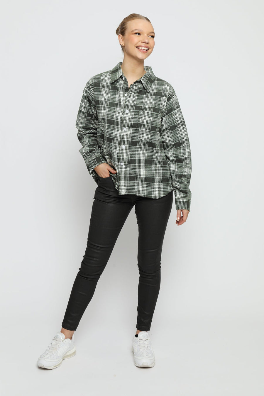 PLAID FLANNEL CHECK SHIRT - GREEN - JMOJO - Women's Checked Shirts