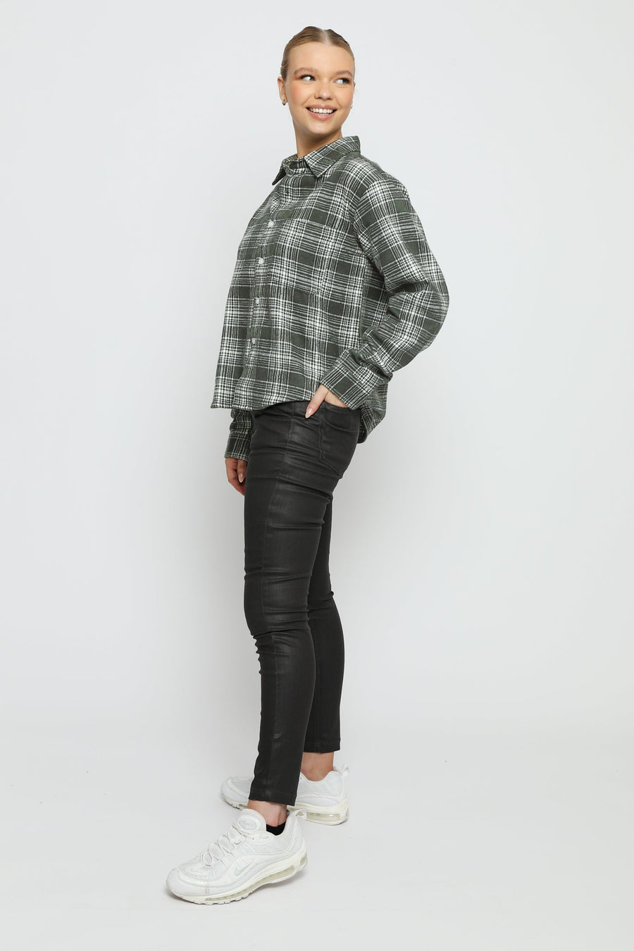 PLAID FLANNEL CHECK SHIRT - GREEN - JMOJO - Women's Checked Shirts