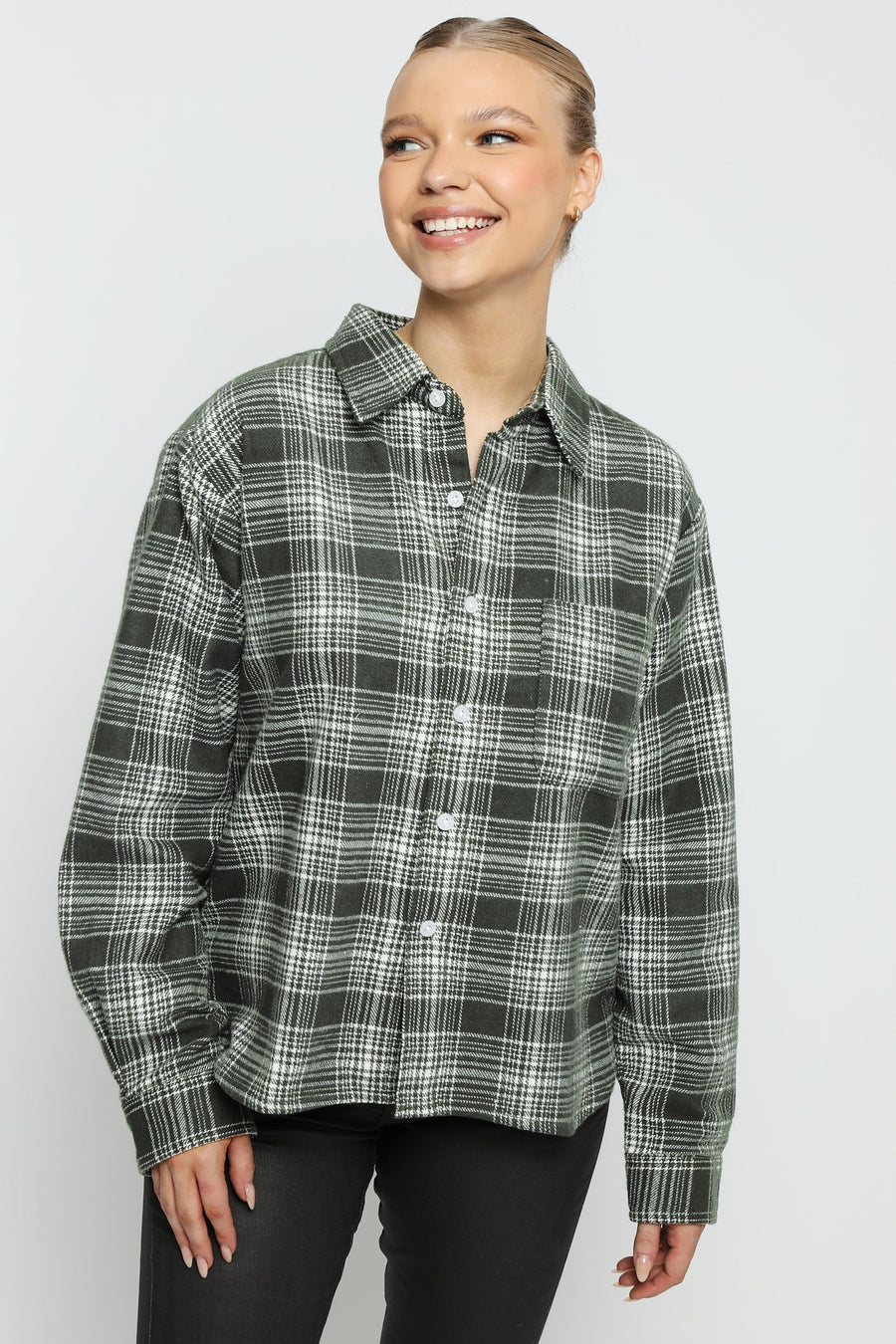 PLAID FLANNEL CHECK SHIRT - GREEN - JMOJO - Women's Checked Shirts