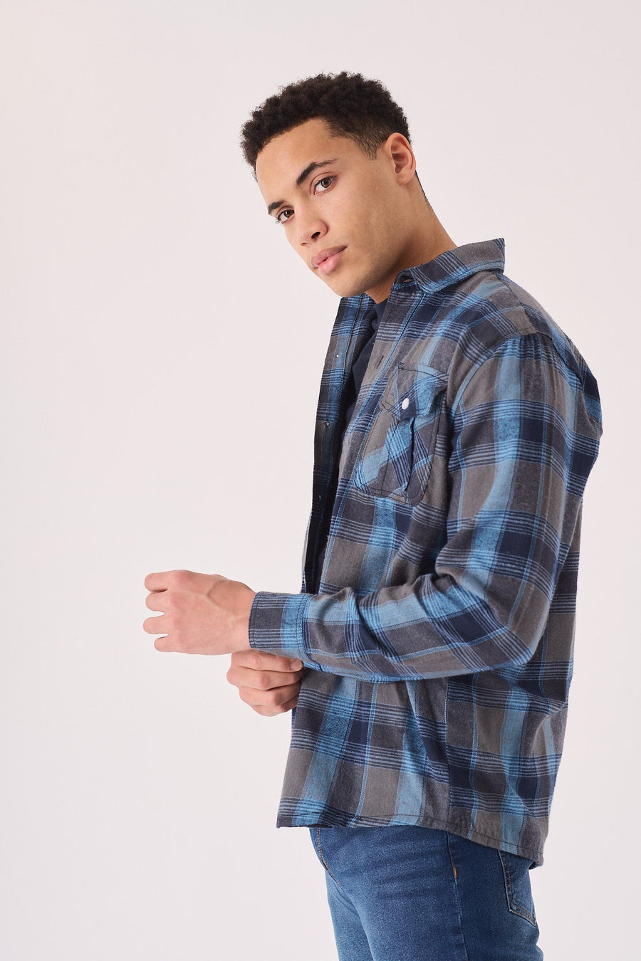 PLAID FLANNEL CHECK SHIRT - GREY BLUE - JMOJO - Men's Check Shirts
