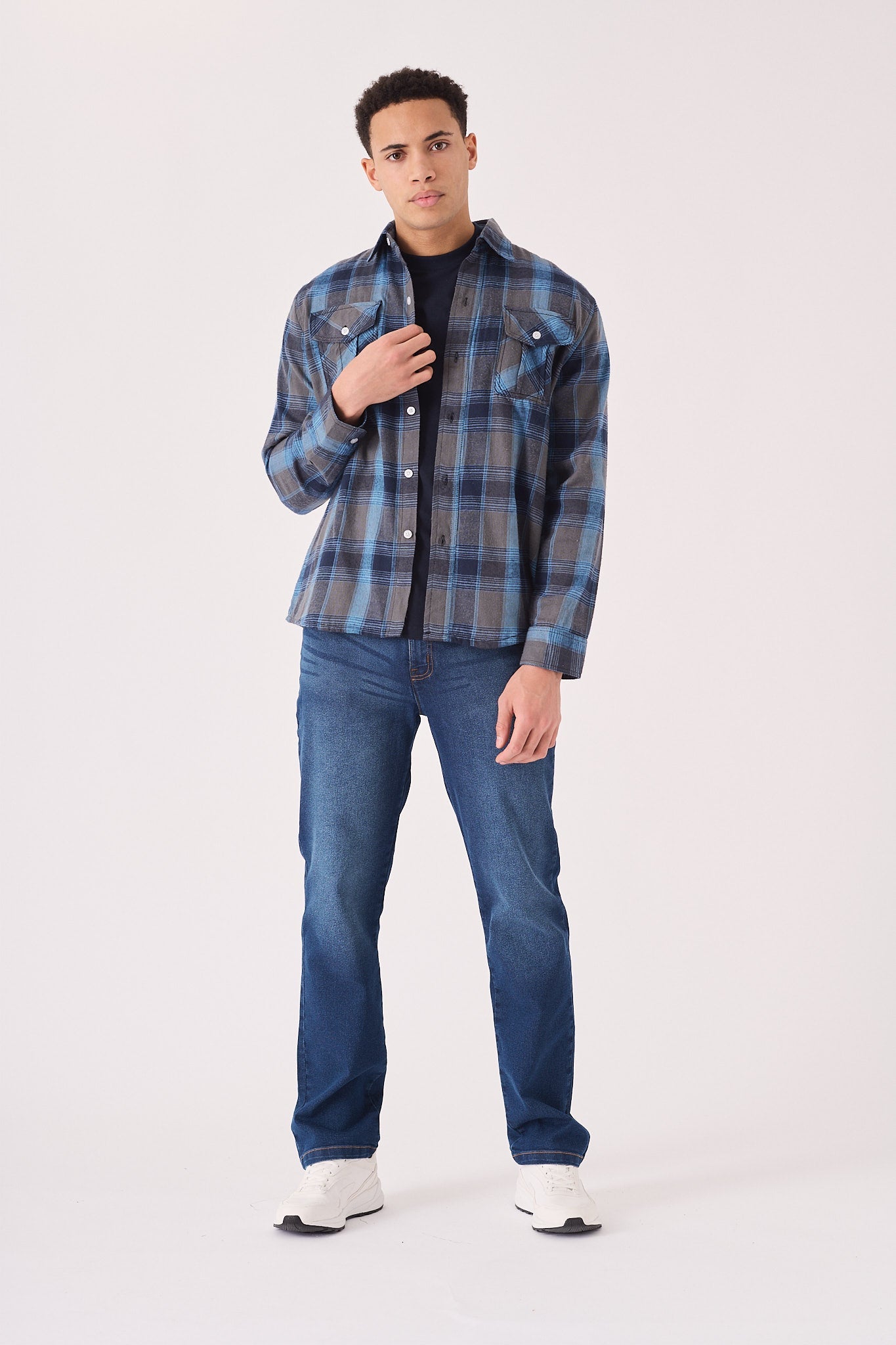 PLAID FLANNEL CHECK SHIRT - GREY BLUE - JMOJO - Men's Check Shirts