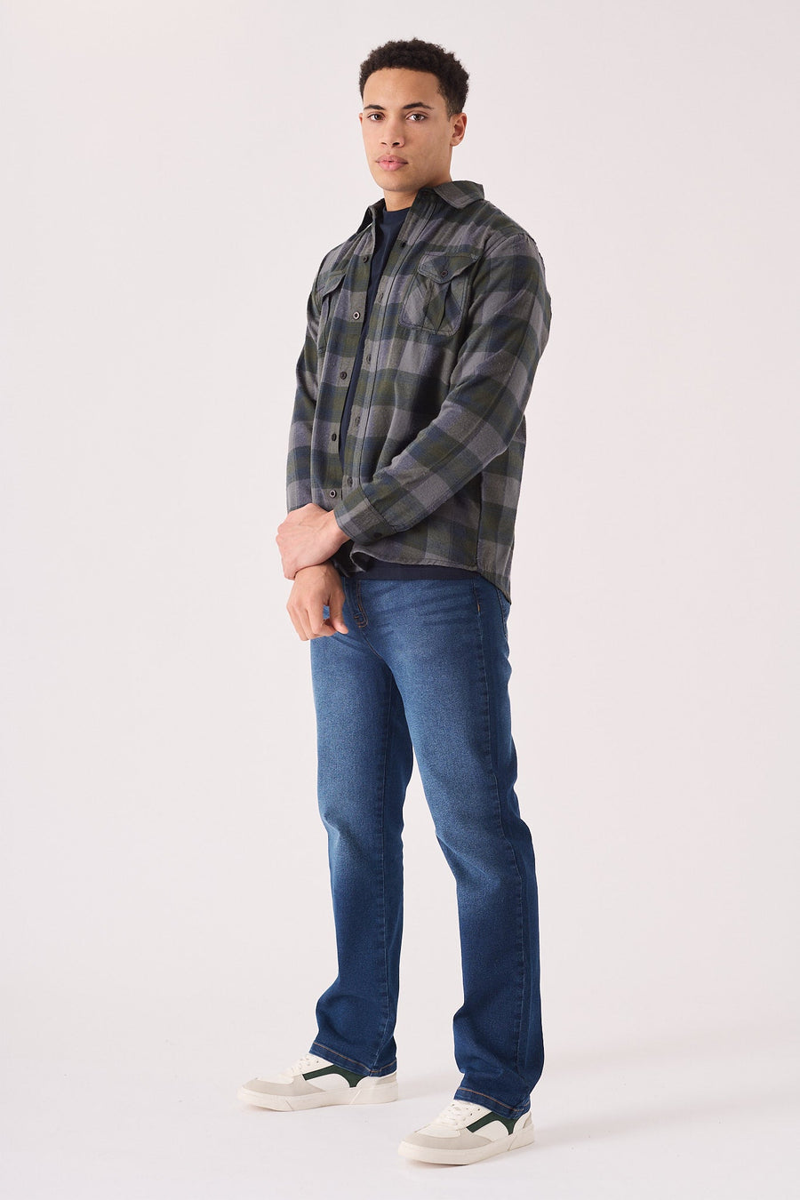 PLAID FLANNEL CHECK SHIRT - GREY OLIVE - JMOJO - Men's Check Shirts