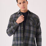 PLAID FLANNEL CHECK SHIRT - GREY OLIVE - JMOJO - Men's Check Shirts