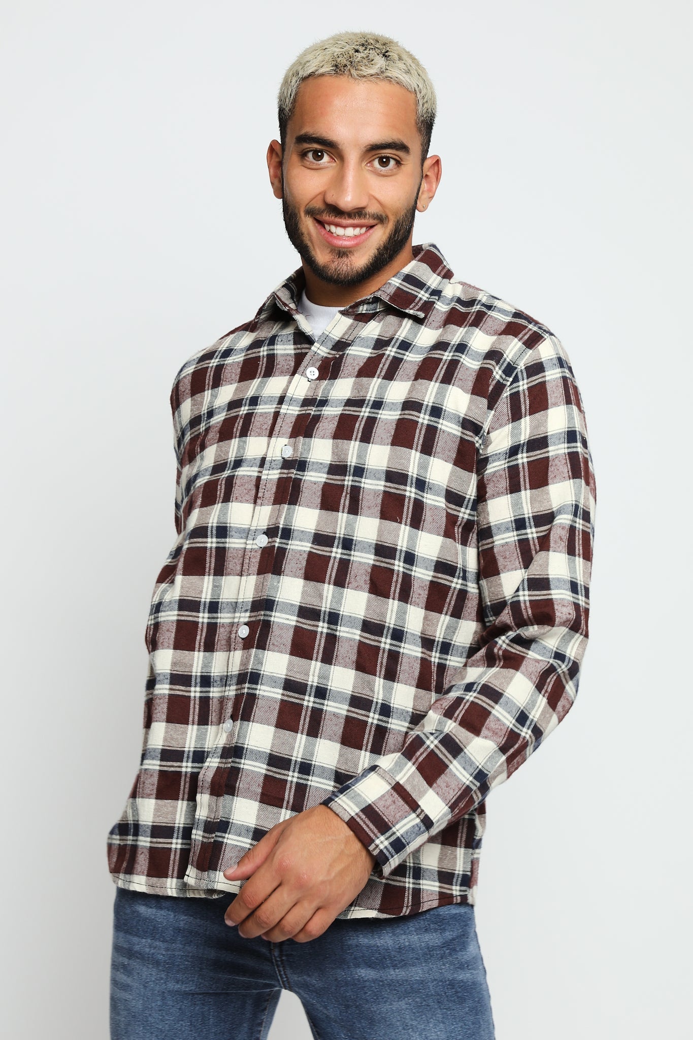 PLAID FLANNEL CHECK SHIRT - MAROON NAVY - JMOJO - Men's Check Shirts