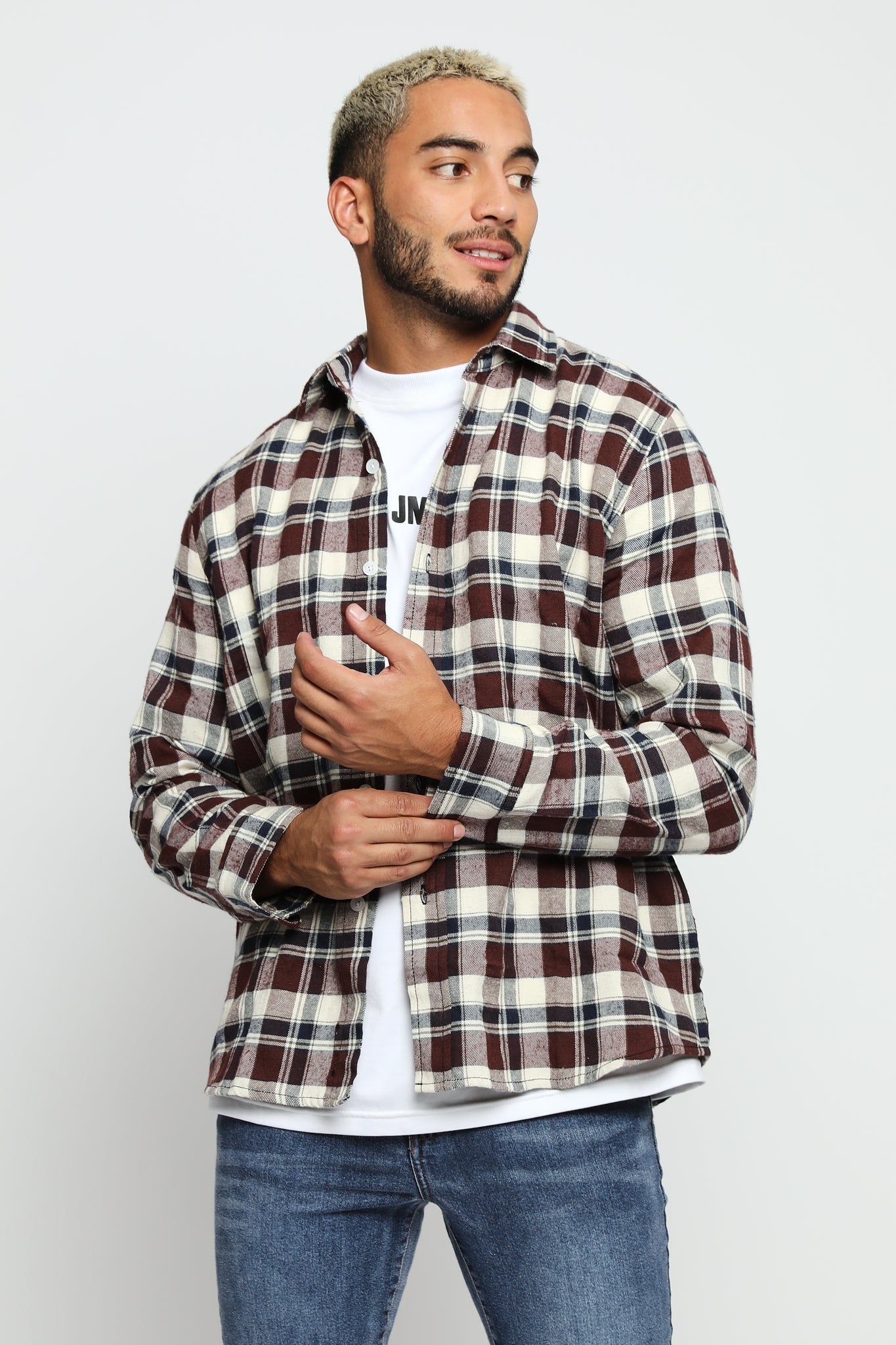 PLAID FLANNEL CHECK SHIRT - MAROON NAVY - JMOJO - Men's Check Shirts