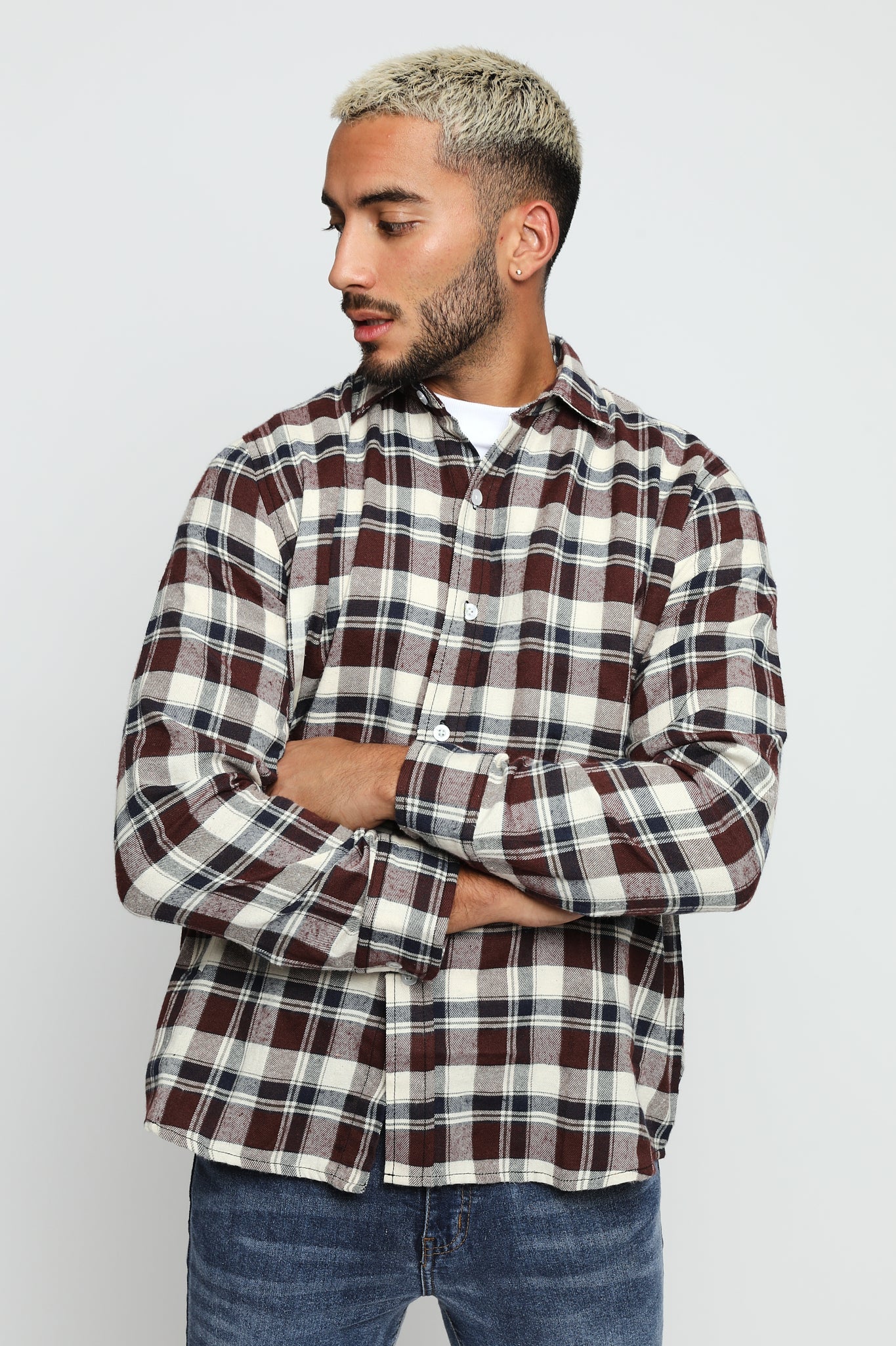 PLAID FLANNEL CHECK SHIRT - MAROON NAVY - JMOJO - Men's Check Shirts