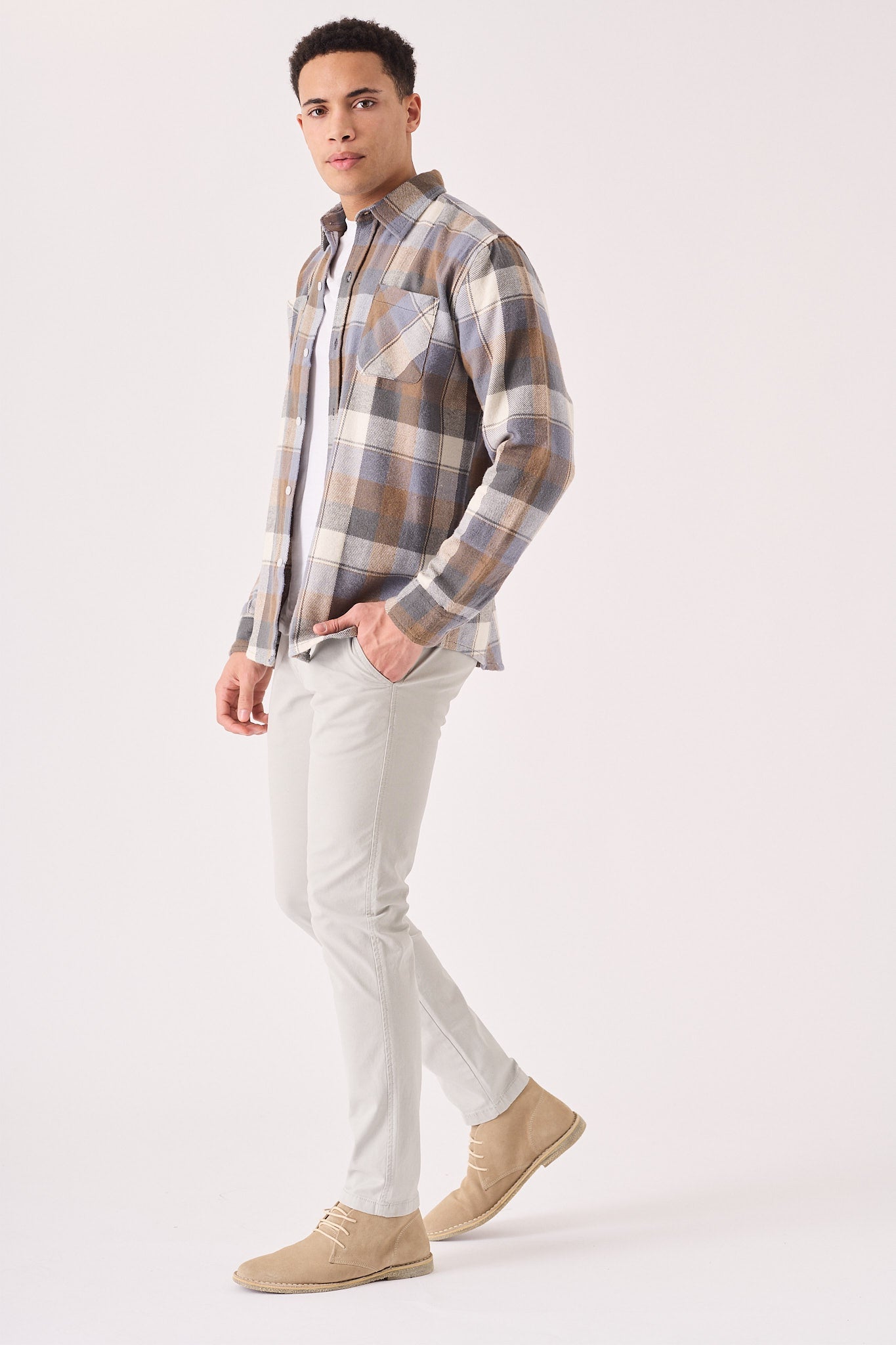 PLAID FLANNEL CHECK SHIRT - ORANGE GREY - JMOJO - Men's Check Shirts