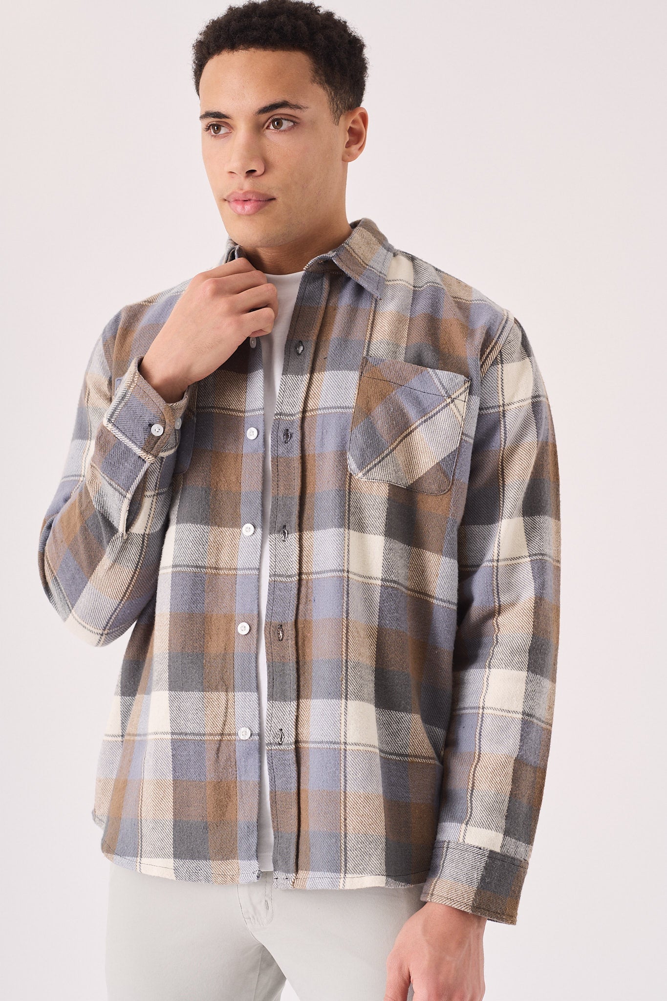 PLAID FLANNEL CHECK SHIRT - ORANGE GREY - JMOJO - Men's Check Shirts