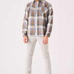 PLAID FLANNEL CHECK SHIRT - ORANGE GREY - JMOJO - Men's Check Shirts