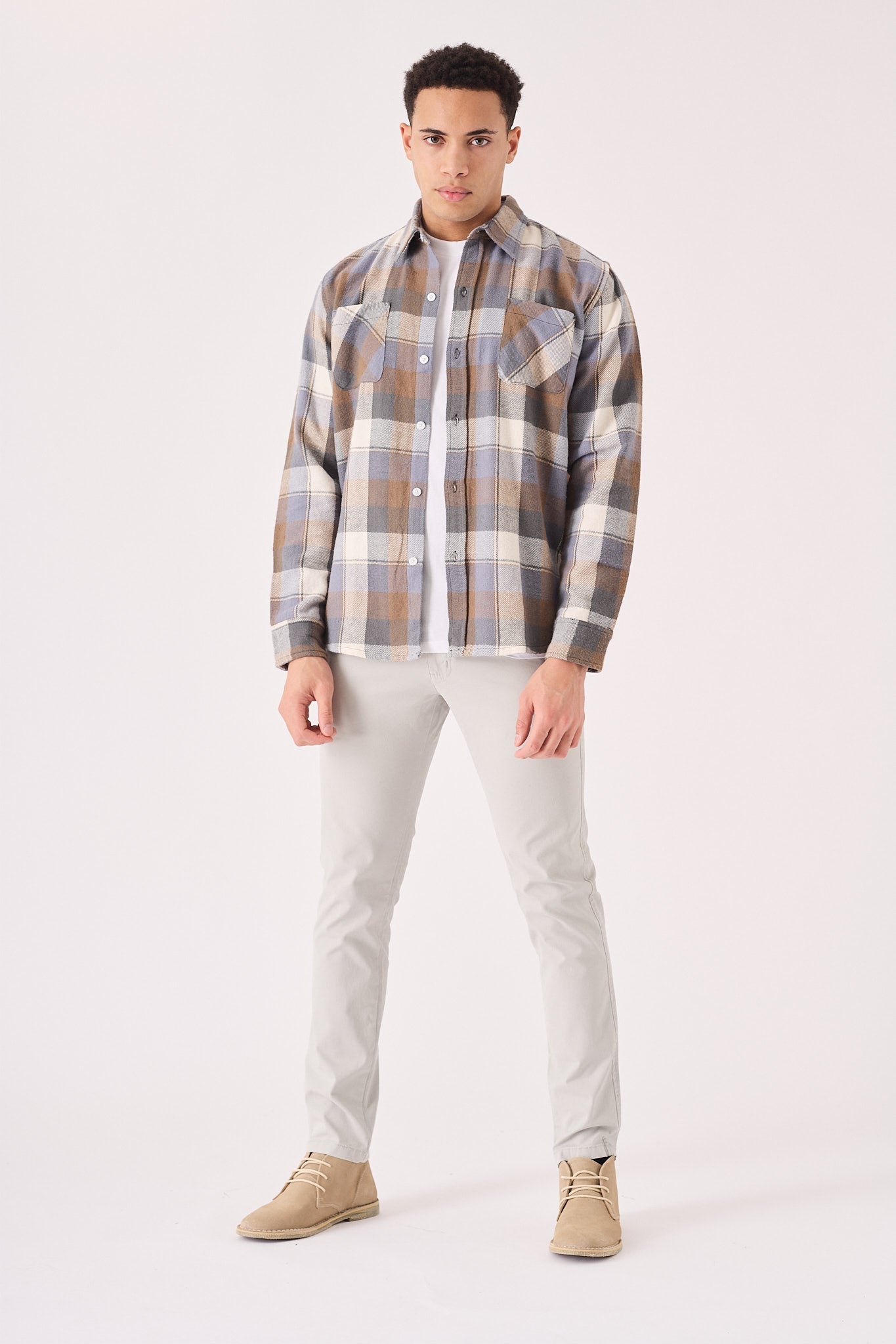 PLAID FLANNEL CHECK SHIRT - ORANGE GREY - JMOJO - Men's Check Shirts