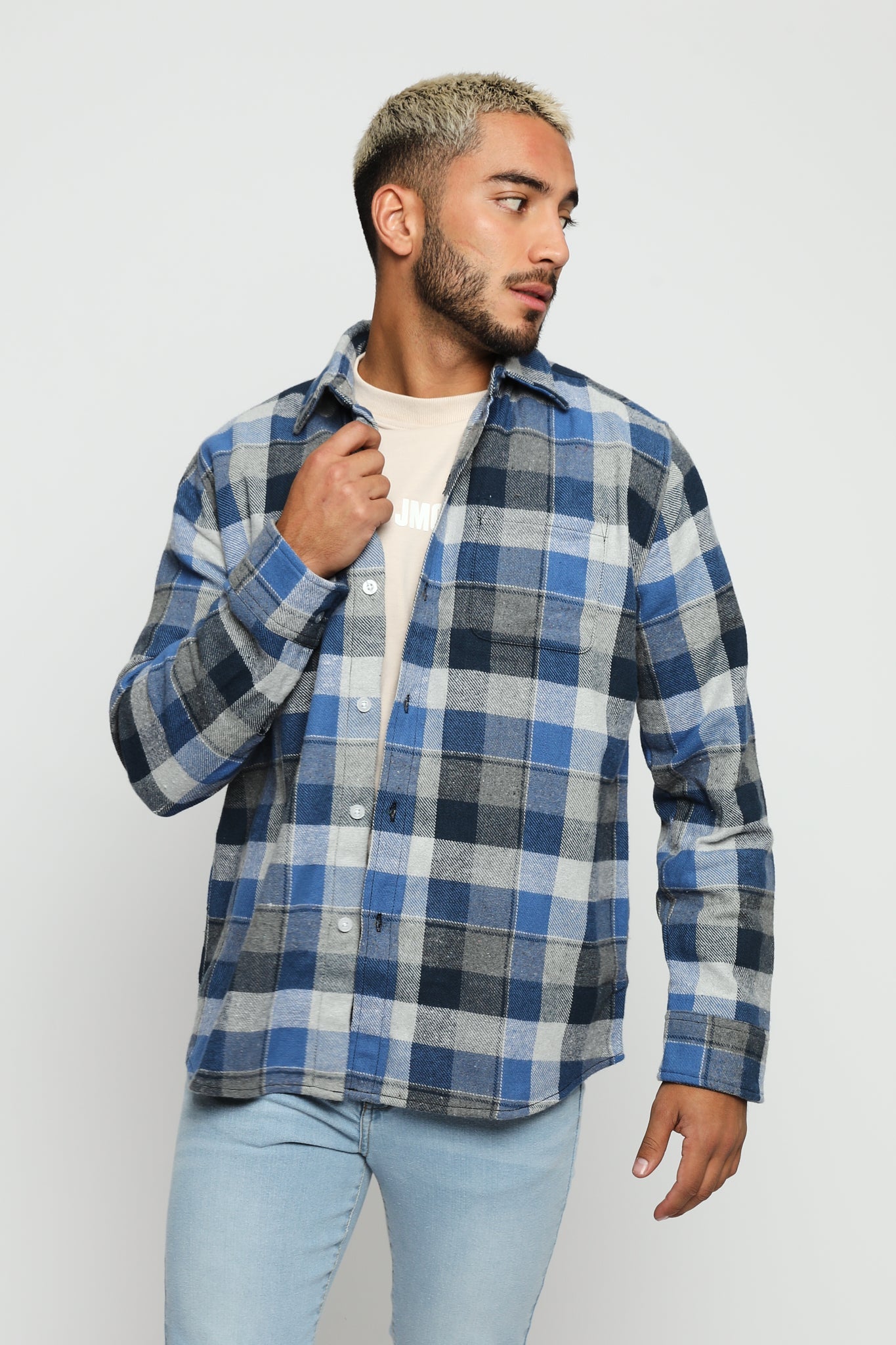 PLAID FLANNEL CHECK SHIRT - TONES OF BLUE - JMOJO - Men's Check Shirts