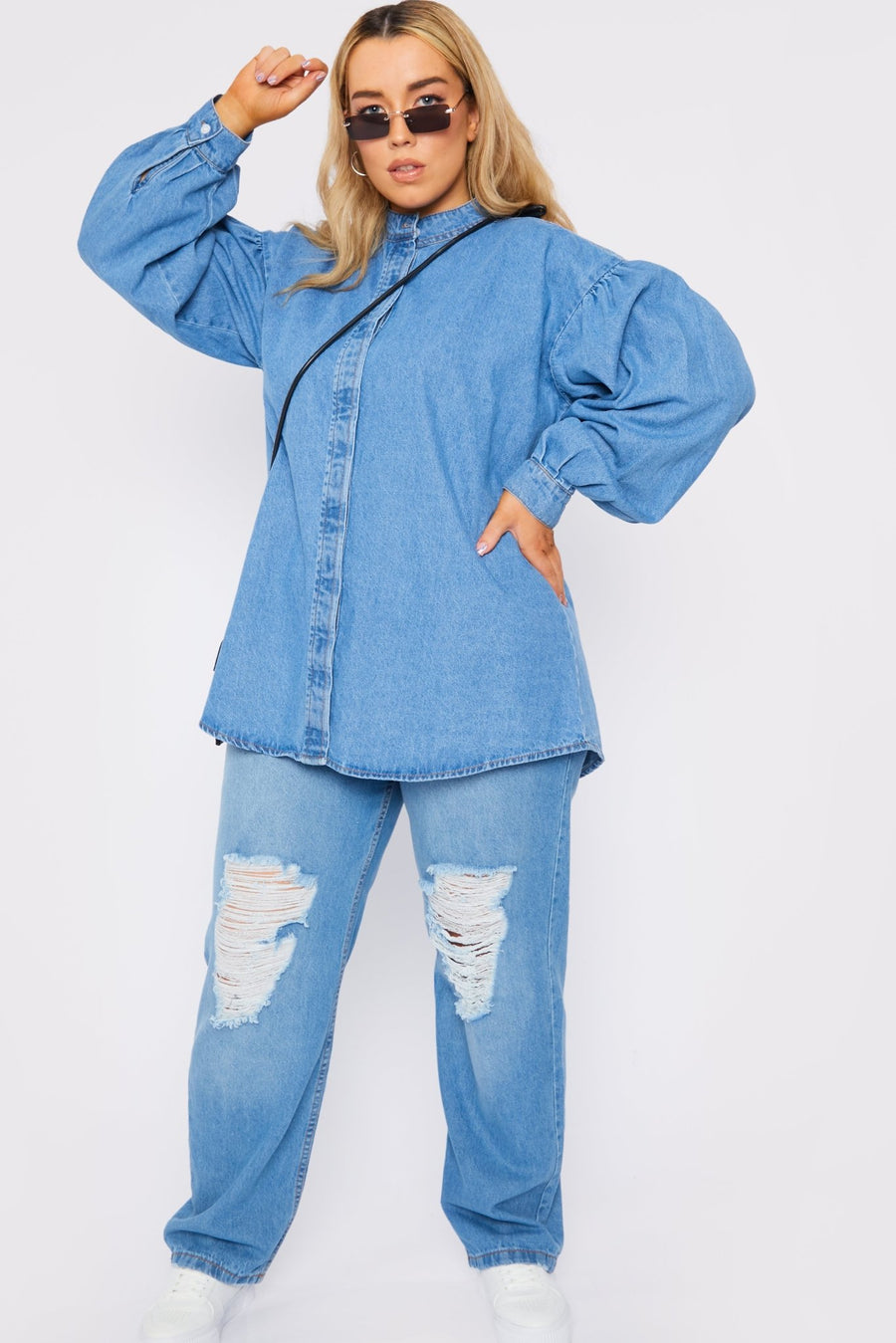 PLUS SIZE BALLOON SLEEVE DENIM SHIRT - LIGHT BLUE - JMOJO - Women's Oversize Denim Shirts