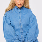 PLUS SIZE BALLOON SLEEVE DENIM SHIRT - LIGHT BLUE - JMOJO - Women's Oversize Denim Shirts