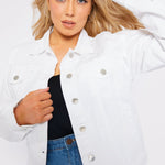 PLUS SIZE DENIM TRUCKER JACKET - WHITE - JMOJO - Women's Denim Jackets