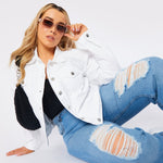 PLUS SIZE DENIM TRUCKER JACKET - WHITE - JMOJO - Women's Denim Jackets