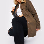 PLUS SIZE LONG DENIM SHIRT - BROWN - JMOJO - Women's Oversize Denim Shirts