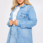 PLUS SIZE LONG DENIM SHIRT - LIGHT BLUE WASH - JMOJO - Women's Oversize Denim Shirts