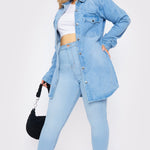 PLUS SIZE LONG DENIM SHIRT - LIGHT BLUE WASH - JMOJO - Women's Oversize Denim Shirts