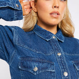 PLUS SIZE LONG DENIM SHIRT - MID BLUE - JMOJO - Women's Oversize Denim Shirts