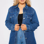 PLUS SIZE LONG DENIM SHIRT - MID BLUE - JMOJO - Women's Oversize Denim Shirts