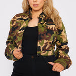PLUS SIZE MILITARY STYLE CROPPED DENIM JACKET - CAMO - JMOJO - Women's Cropped Denim Jackets