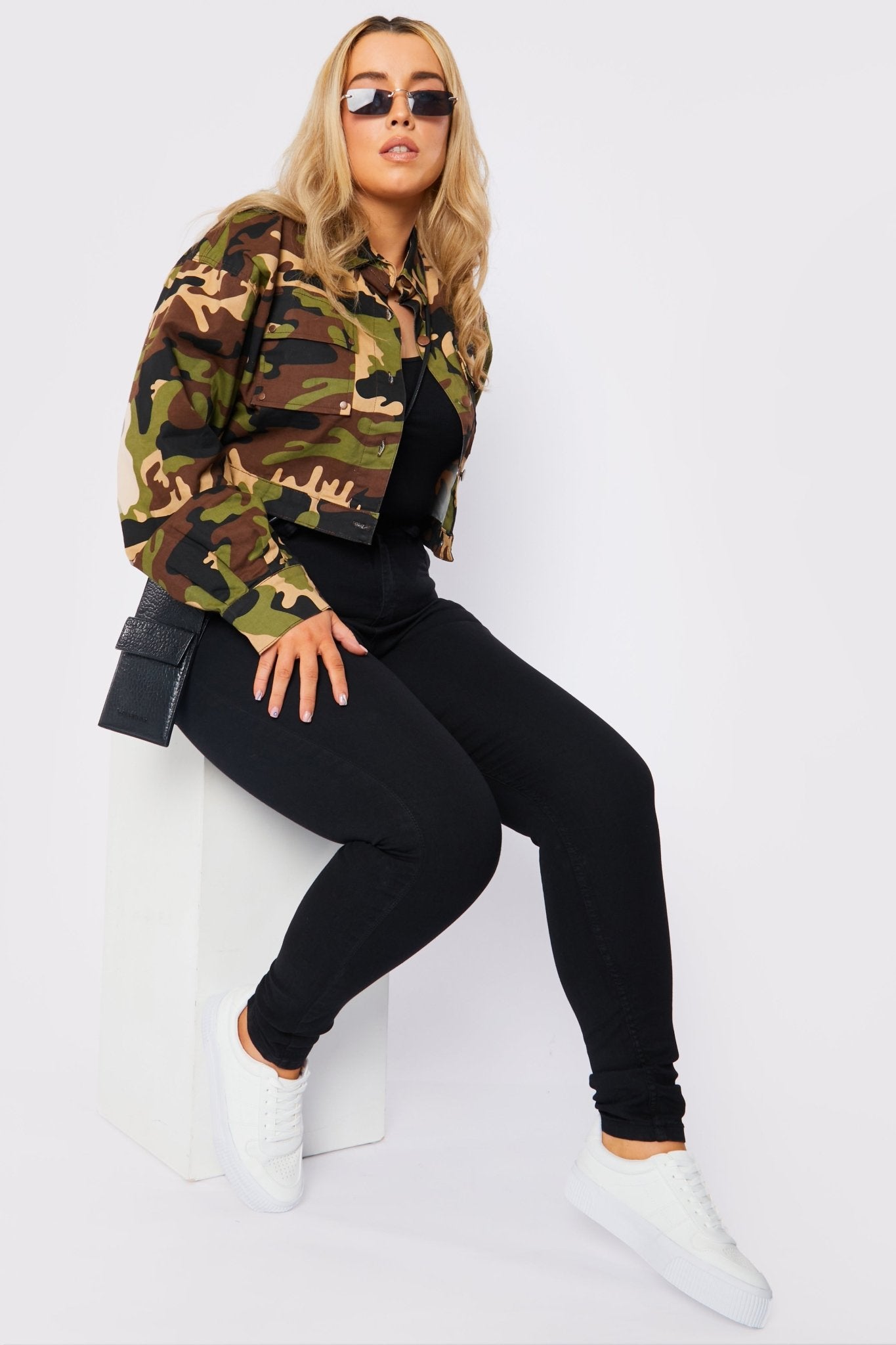 PLUS SIZE MILITARY STYLE CROPPED DENIM JACKET - CAMO - JMOJO - Women's Cropped Denim Jackets