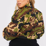 PLUS SIZE MILITARY STYLE CROPPED DENIM JACKET - CAMO - JMOJO - Women's Cropped Denim Jackets