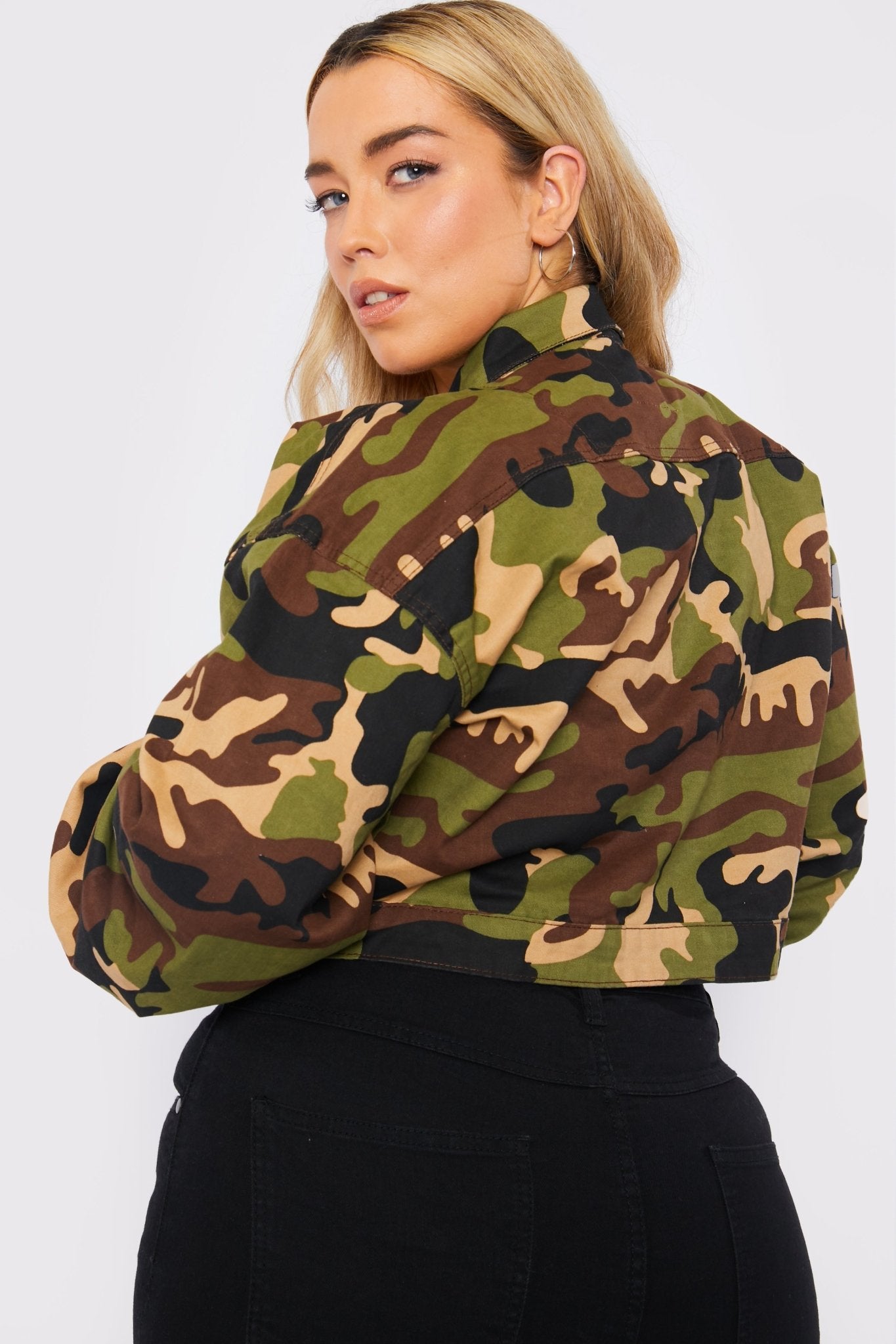 PLUS SIZE MILITARY STYLE CROPPED DENIM JACKET - CAMO - JMOJO - Women's Cropped Denim Jackets