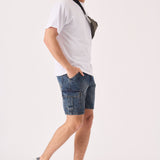 REGULAR CARGO SHORTS - MID BLUE WASH - JMOJO - Men's Cargo Denim Shorts