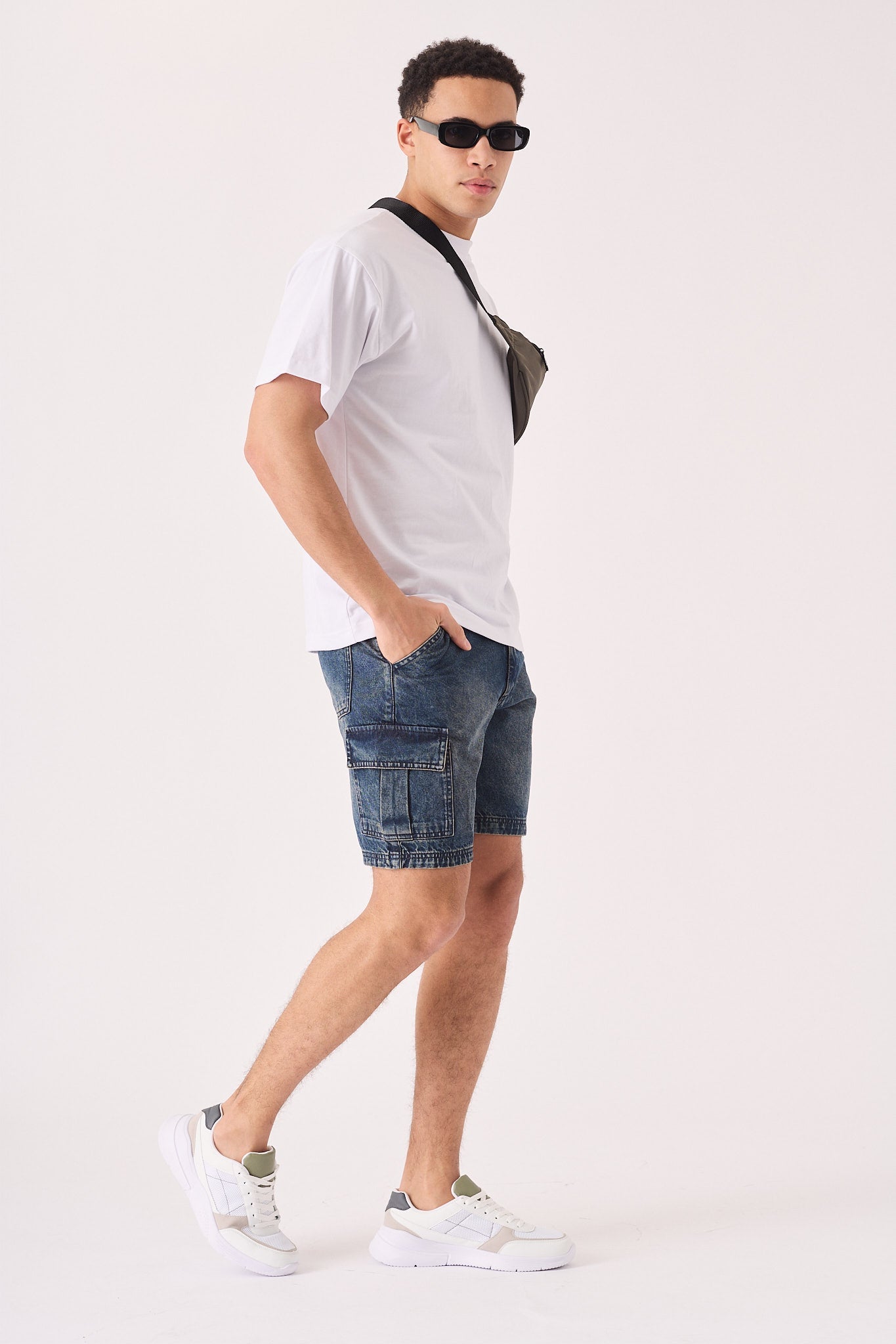 REGULAR CARGO SHORTS - MID BLUE WASH - JMOJO - Men's Cargo Denim Shorts