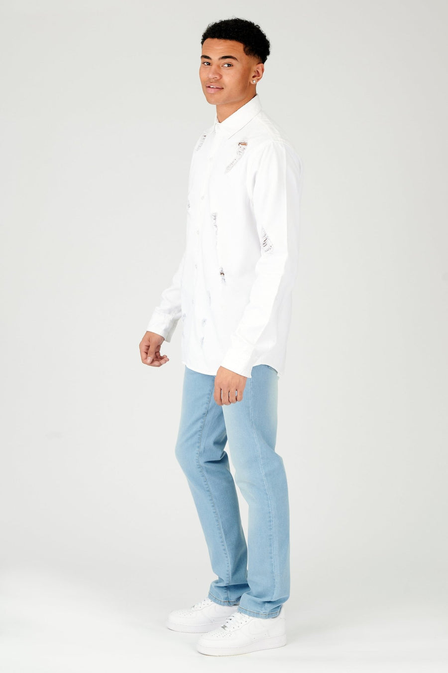 REGULAR FIT RIPPED DENIM SHIRT - WHITE - JMOJO - Men's Denim Shirts