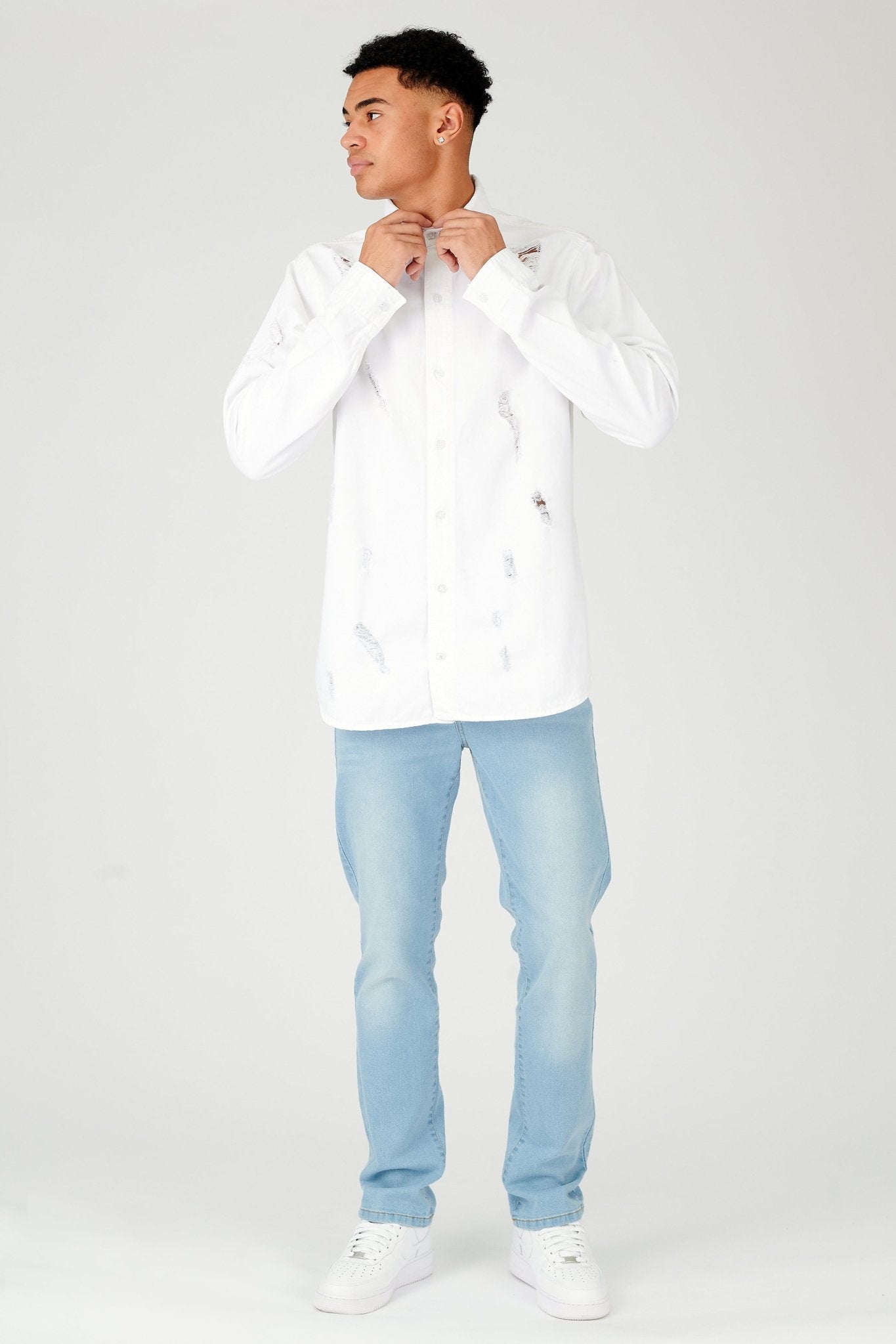 REGULAR FIT RIPPED DENIM SHIRT - WHITE - JMOJO - Men's Denim Shirts