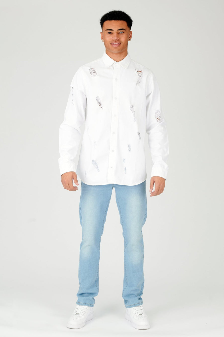 REGULAR FIT RIPPED DENIM SHIRT - WHITE - JMOJO - Men's Denim Shirts