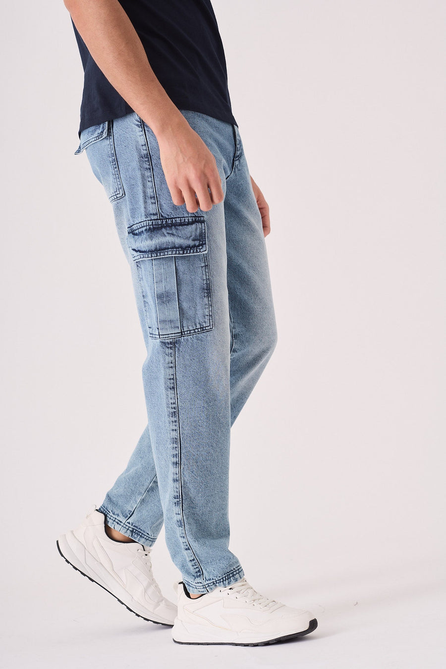 RELAXED FIT CARGO JEANS - MID BLUE - JMOJO - Men's Cargo Jeans