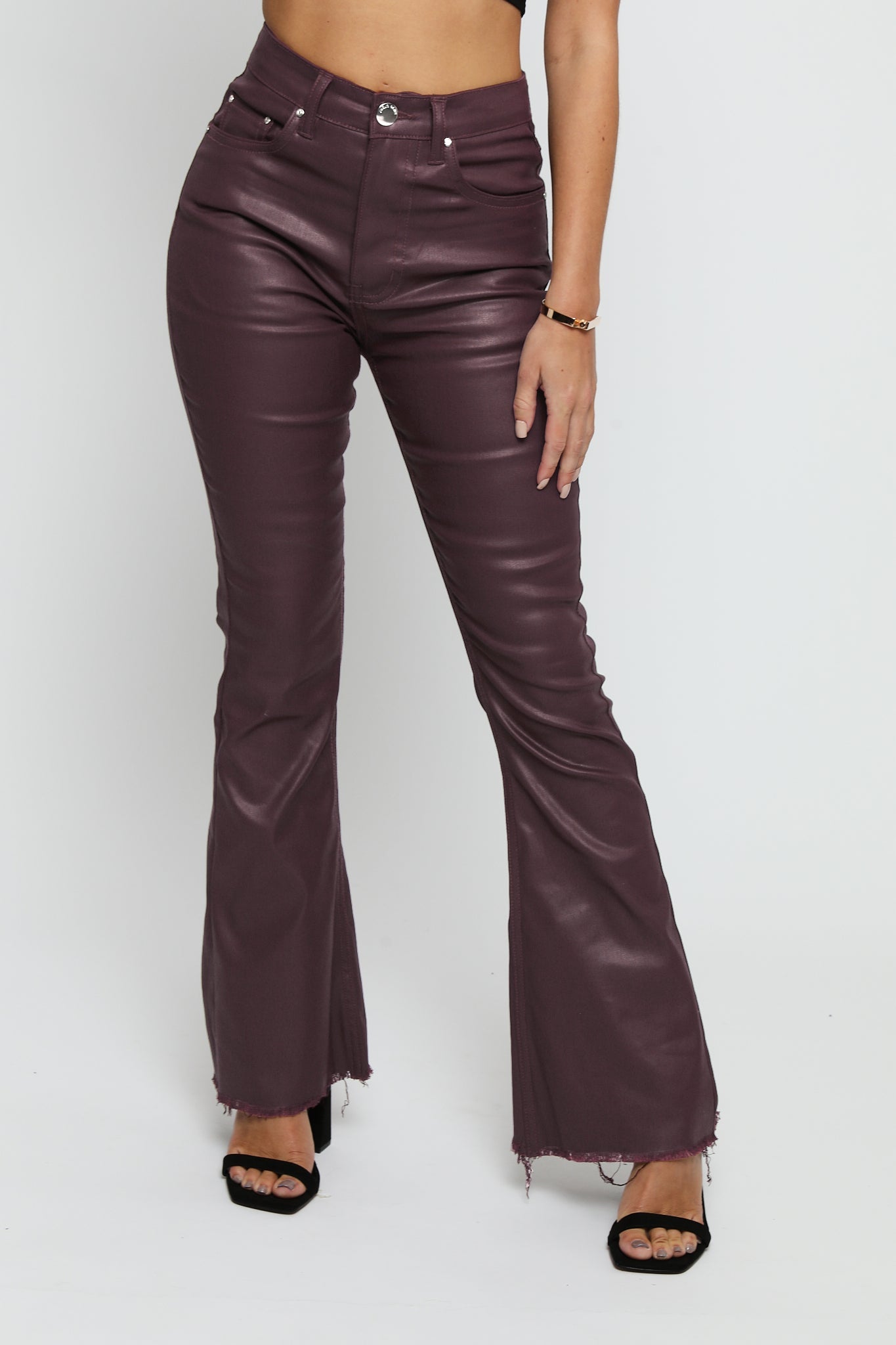 ROXANA Coated Fit and Flare Jeans - Maroon - JMOJO - Women's Coated Flare Jeans