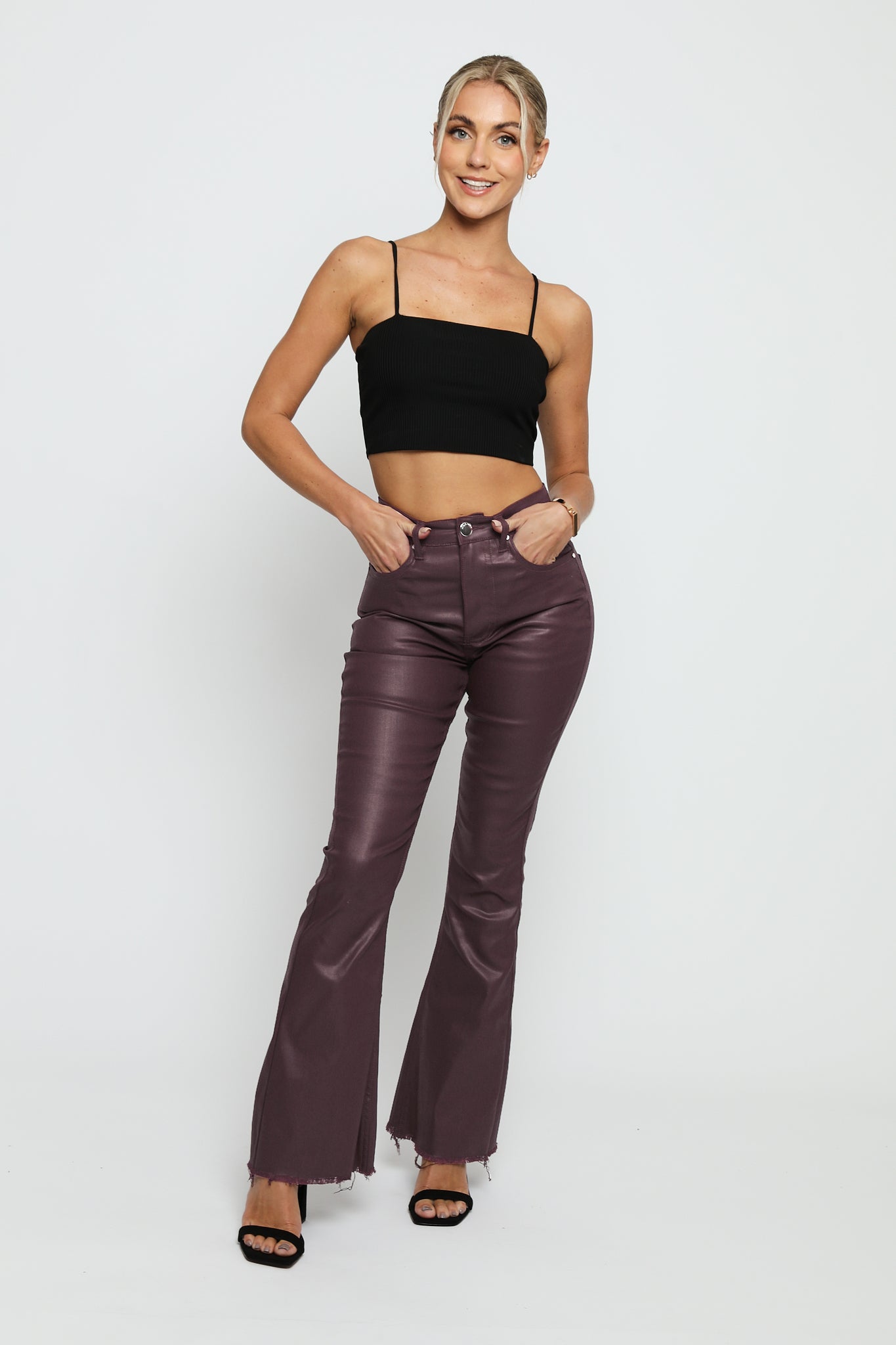 ROXANA Coated Fit and Flare Jeans - Maroon - JMOJO - Women's Coated Flare Jeans