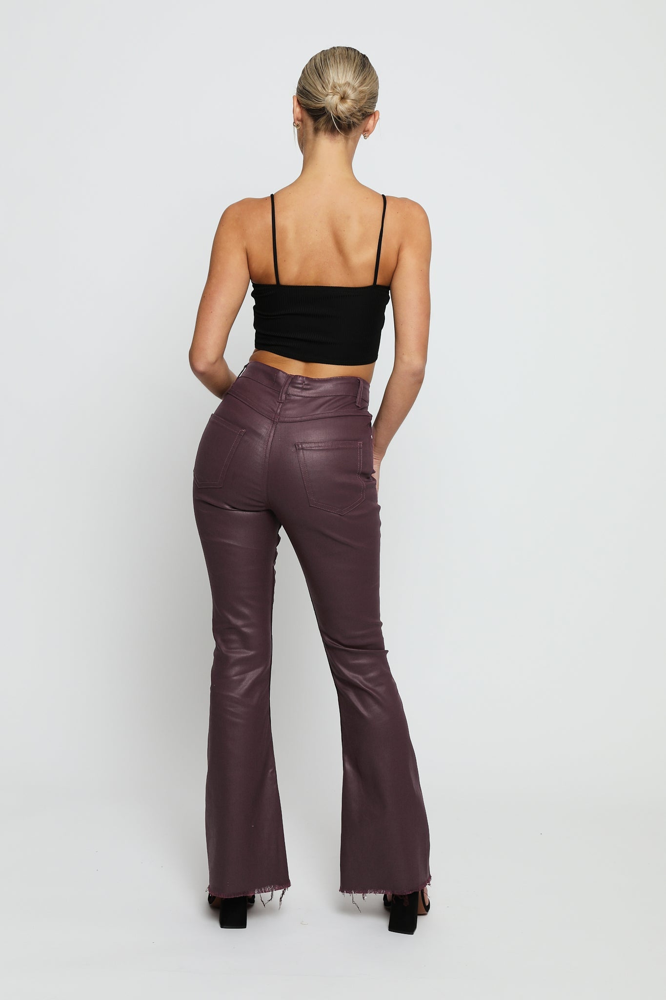 ROXANA Coated Fit and Flare Jeans - Maroon - JMOJO - Women's Coated Flare Jeans