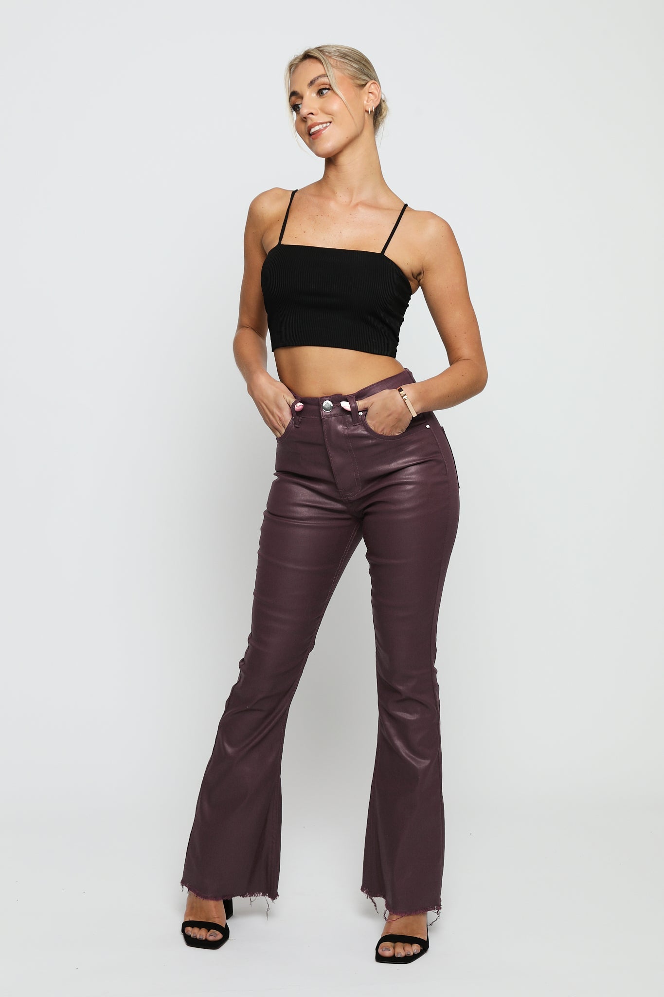 ROXANA Coated Fit and Flare Jeans - Maroon - JMOJO - Women's Coated Flare Jeans