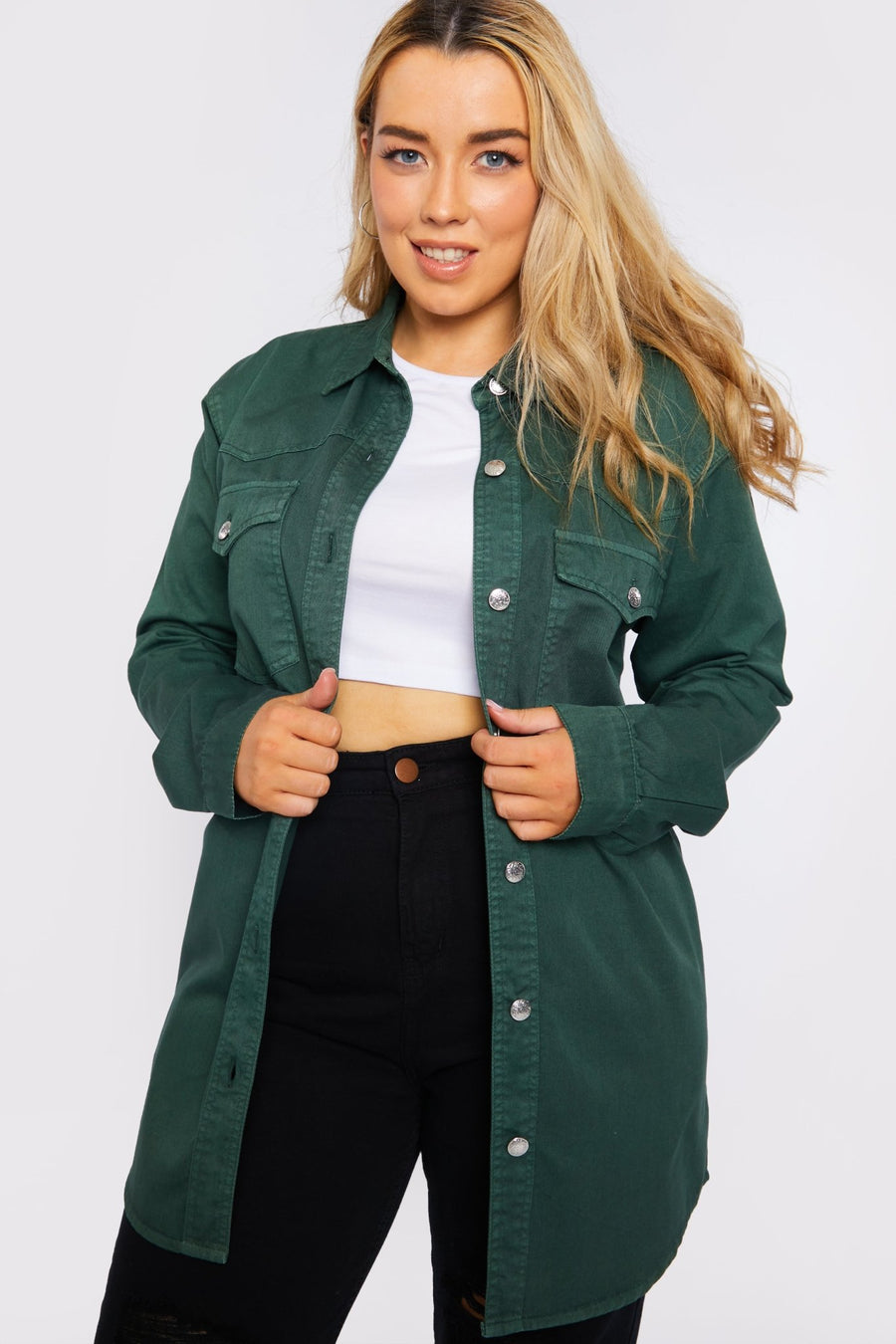 Selma Plus Size Long Denim Shirt – Green - JMOJO - Women's Oversize Denim Shirts
