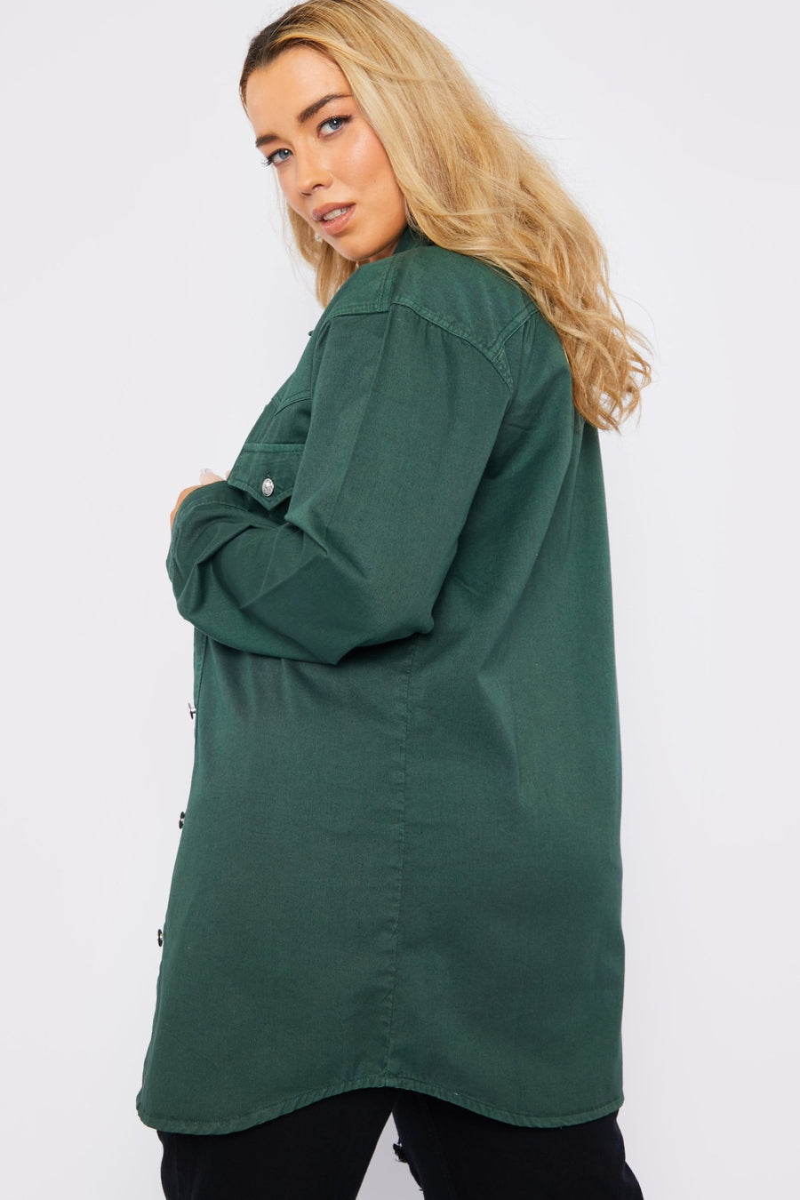 Selma Plus Size Long Denim Shirt – Green - JMOJO - Women's Oversize Denim Shirts