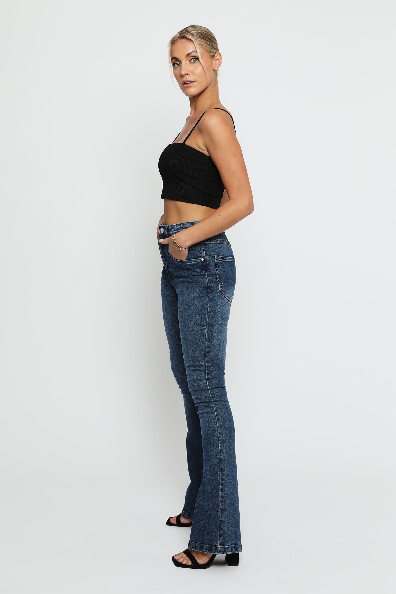SERAPHI High Waisted Fitted Flare Jeans - Mid Blue - JMOJO - Women's Flare Jeans