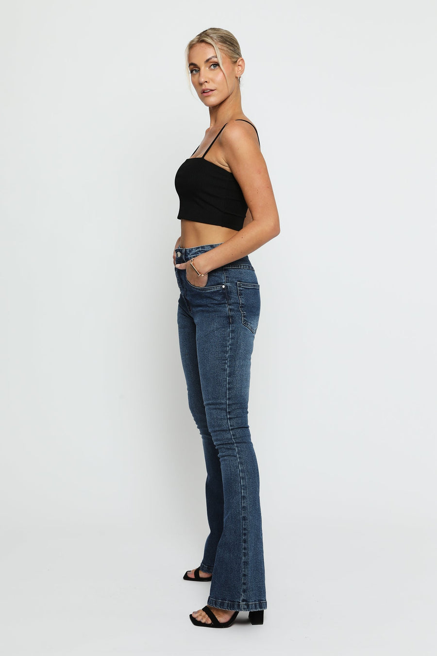 SERAPHI High Waisted Fitted Flare Jeans - Mid Blue - JMOJO - Women's Flare Jeans