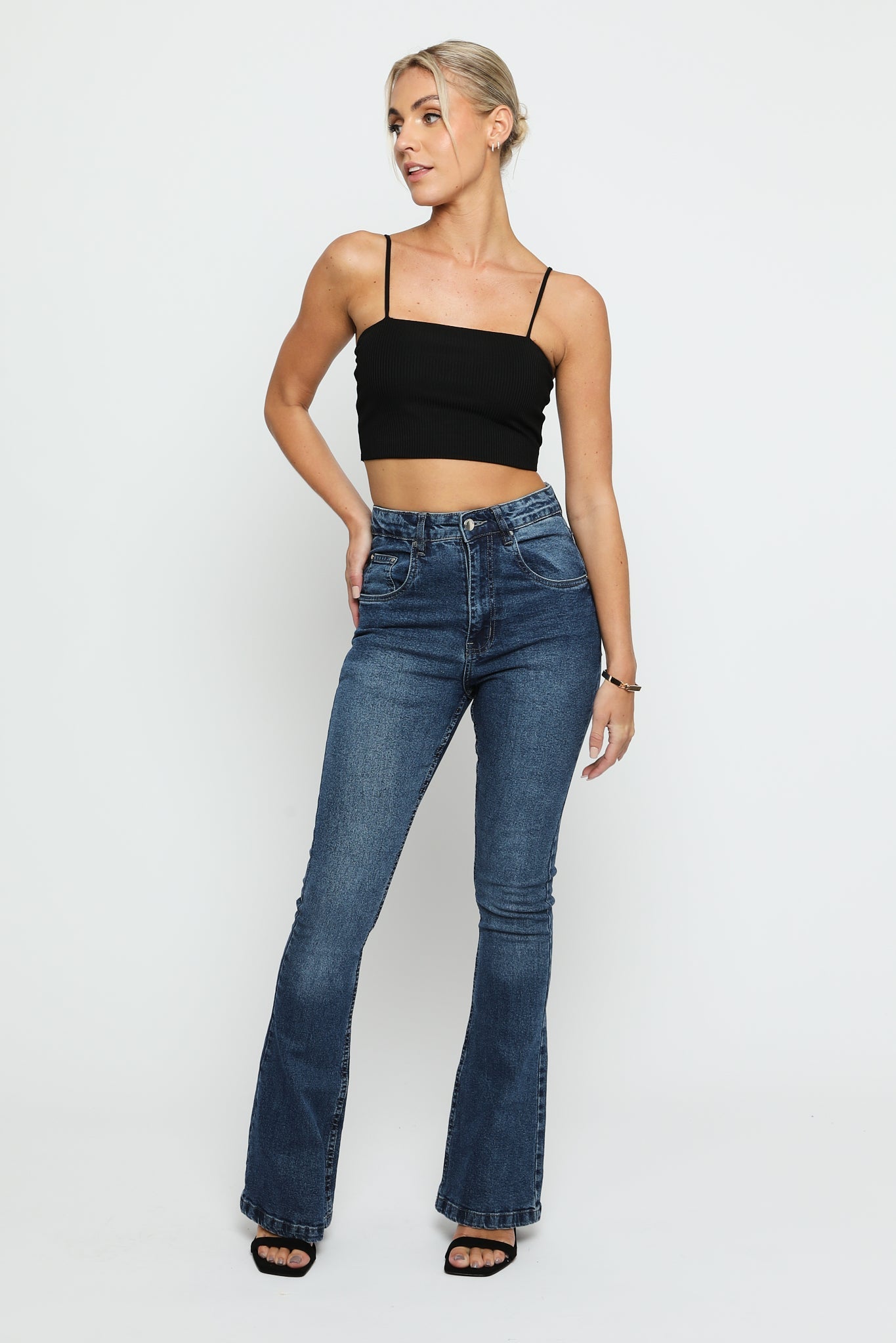 SERAPHI High Waisted Fitted Flare Jeans - Mid Blue - JMOJO - Women's Flare Jeans