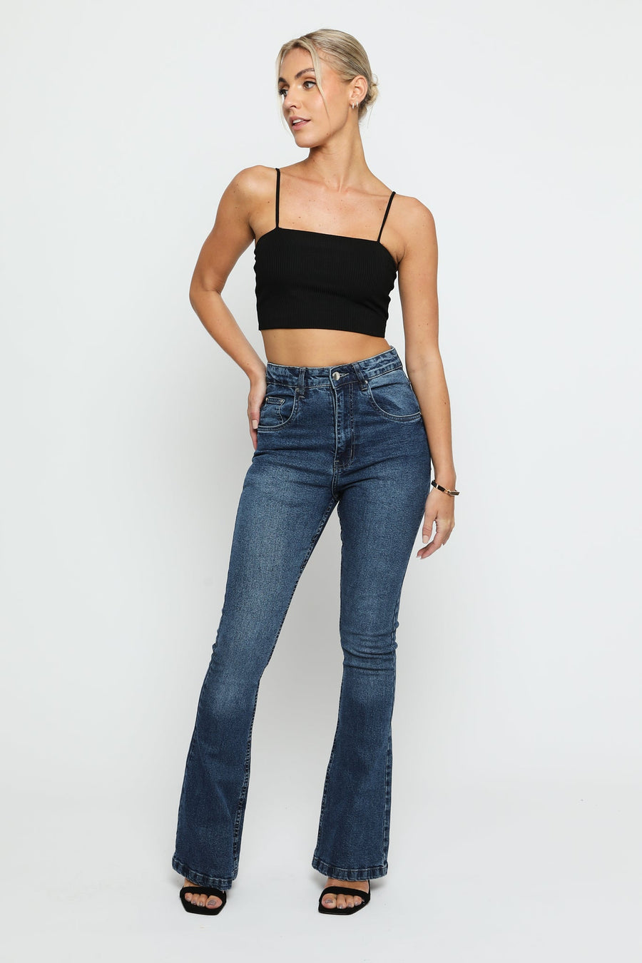SERAPHI High Waisted Fitted Flare Jeans - Mid Blue - JMOJO - Women's Flare Jeans