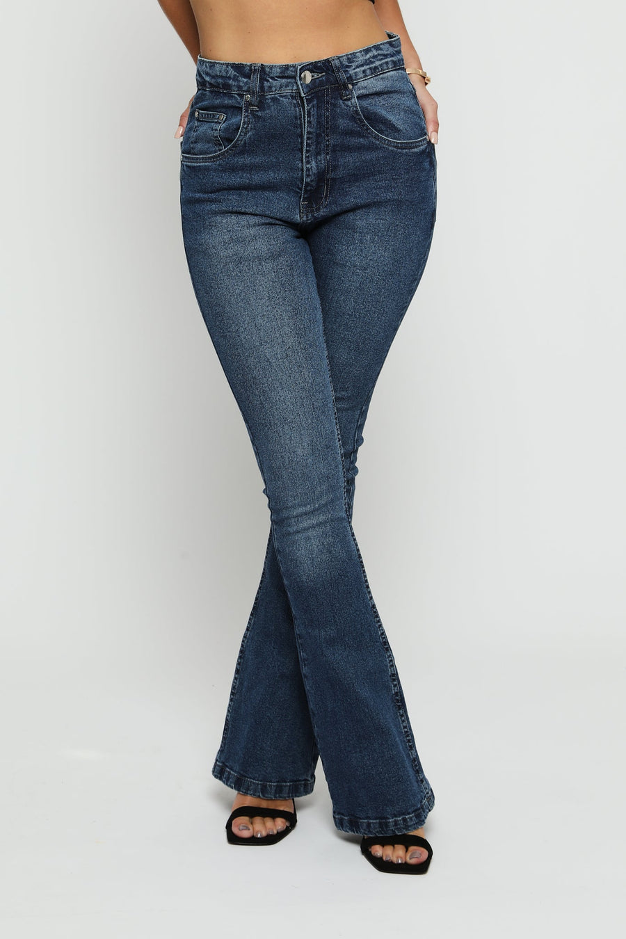 SERAPHI High Waisted Fitted Flare Jeans - Mid Blue - JMOJO - Women's Flare Jeans