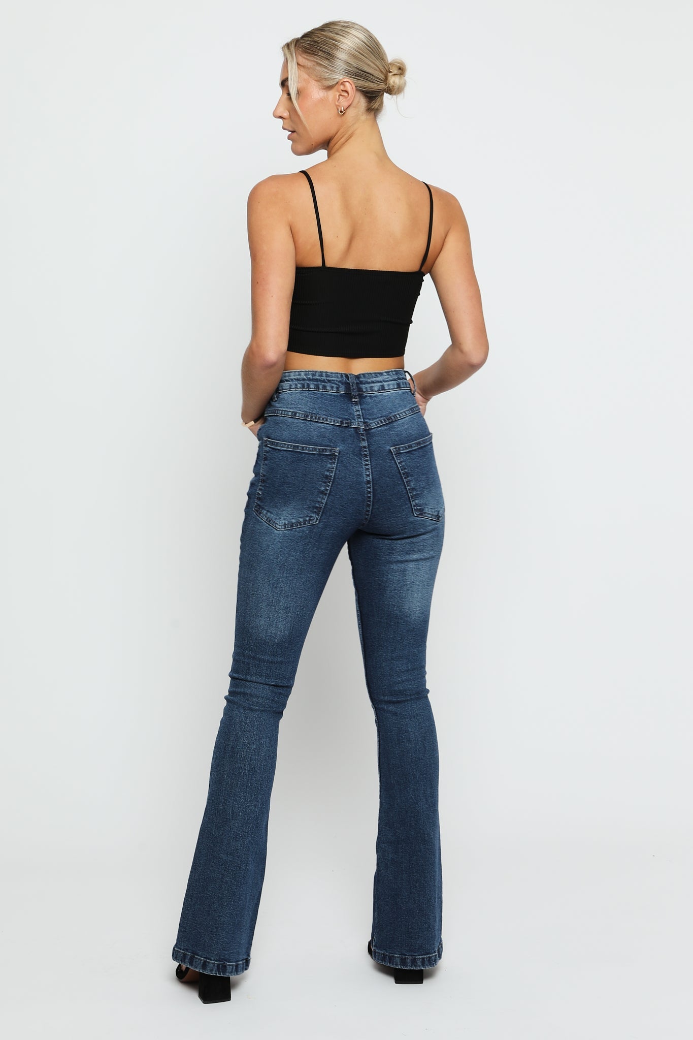 SERAPHI High Waisted Fitted Flare Jeans - Mid Blue - JMOJO - Women's Flare Jeans