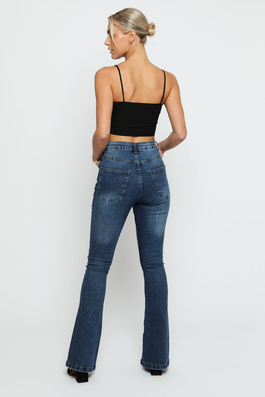 SERAPHI High Waisted Fitted Flare Jeans - Mid Blue - JMOJO - Women's Flare Jeans