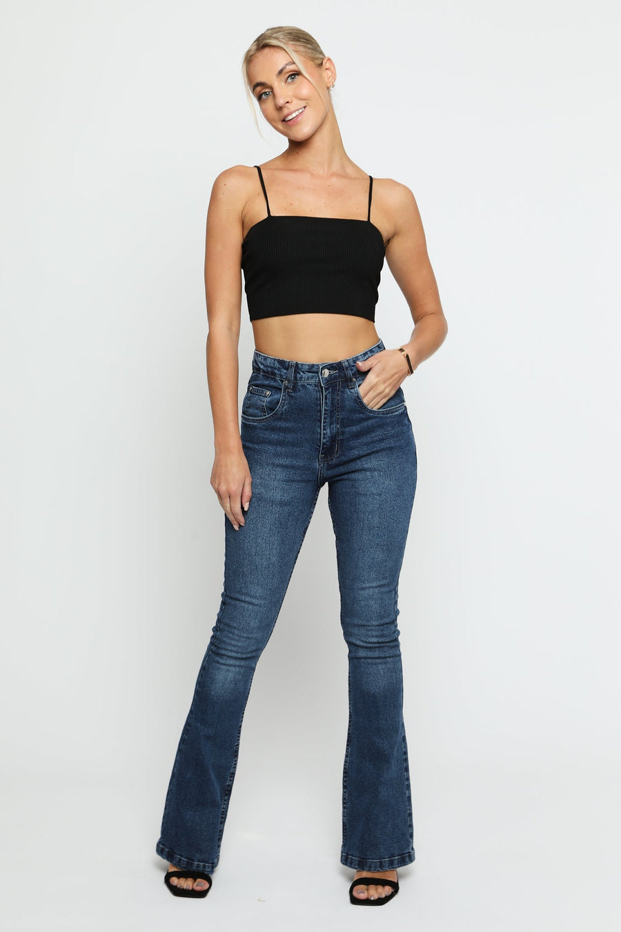 SERAPHI High Waisted Fitted Flare Jeans - Mid Blue - JMOJO - Women's Flare Jeans
